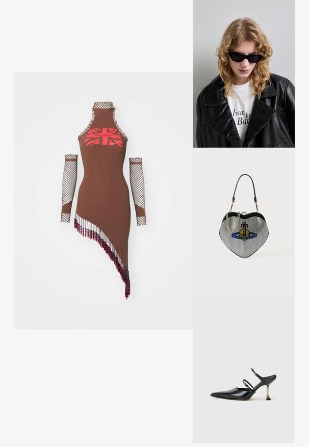 Sinead Gorey UNION JACK PRINTED DRESS WITH BEADED TASSELS AND GLOVES - Jerseyklänning - brown; Svart skinnsko med spetsig tå och slingback-design, utrustad med två justerbara remmar och en metallisk klack. Slät yta och minimalistisk design.; Svarta solglasögon med en elegant, vinkelrät design. Modellen bär en svart läderjacka över en vit skjorta med tryckt text, mot en neutral bakgrund.; Hjärtfomad handväska i mesh med metallisk finish, med en katt- och planetsdesign i blått, gult och rött. Inkluderar en kedjerem.