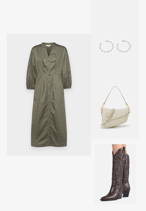Robe verte olive à boutons avec un col en V, des manches ballons froncées et des détails en dentelle le long des manches. Tissu en coton, longueur midi.; Bottes de cowboy en cuir marron avec un bout pointu et un talon bloc, présentant des coutures détaillées et des accents en relief sur la tige.; Petit sac à main crème avec une finition texturée, une longue sangle réglable, un accent en chaîne et une fermeture à rabat. Détails en matériel doré.; Boucles d'oreilles en argent en forme de créoles avec un design torsadé, dotées d'une finition polie et d'une fermeture à poussoir. Mesurent environ 3 cm de diamètre.