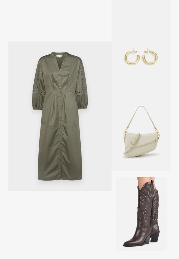 Olīvu zaļš pogu kleita ar V veida kakla izgriezumu, savilkta bumbu piedurkne un mežģīņu detaļas gar piedurknēm. Kokvilnas audums, midi garums.; Brūni ādas kovboju zābaki ar norādītu purngalu un blokveida papēdi, ar detalizētu šūšanu un paceltiem akcentiem uz kājas daļas.; Maza krēmkrāsas rokas soma ar teksturētu apdari, garu regulējamu siksniņu, ķēdes akcentu un vāciņa aizdari. Zelta aparatūras detaļas.; Zelta auskari ar gludu, spīdīgu apdari. Apaļš dizains, kas ietver mazu tapu un caurspīdīgu pamatni drošai valkāšanai.