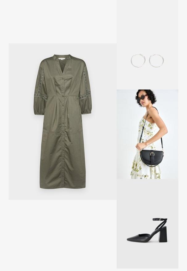 Rochie verde măslinie, cu decolteu în V, mâneci tip balon cu volane și detalii din dantelă pe mâneci. Fabrică din bumbac, lungime midi.; Pantofii cu toc ascuțit din piele neagră, cu breteaua pentru glezne și toc gros. Textură netedă, design elegant și estetică minimală.; Geantă din piele neagră, cu o formă curbată, curea detașabilă și accesorii aurii. Geanta are un capac cu un detaliu tip cataramă.; Cercei din argint cu un design elegant și rotund, având o suprafață netedă și fără embellismente vizibile. Diametrul nu este specificat.