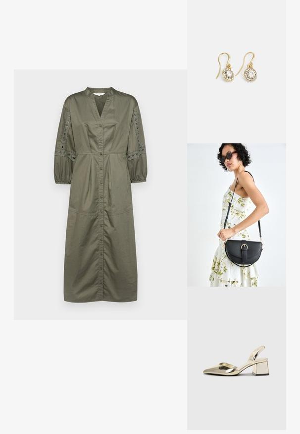 Olivenfarbenes, knöpfbares Kleid mit V-Ausschnitt, gerafften Ballonärmeln und Spitzenverzierungen an den Ärmeln. Aus Baumwollstoff, in Midilänge.; Goldene, metallische Slingback-Absätze mit spitzem Zeh und dicker Ferse. Glatte Textur, minimalistisches Design und ein schmaler Riemen.; Schwarze Lederhandtasche mit geschwungener Form, abnehmbarem Tragegurt und goldenen Beschlägen. Die Tasche verfügt über einen Deckel mit einer Schnallen-Details.; Goldfarbene Ohrringe mit ovalen klaren Kristallen, die von kleineren klaren Steinen umgeben sind, und einem Haken-Design für sicheren Halt.