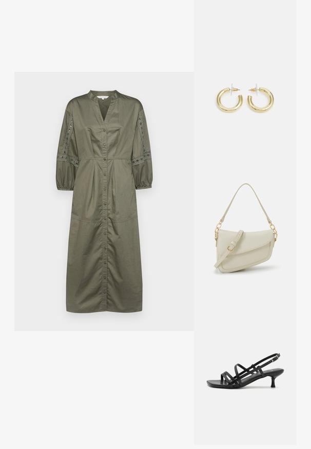 Olivnozeleni srajčni plašč z V-izrezom, nabranimi balonastimi rokavi in čipkastimi detajli ob rokavih. Bombažni material, srednje dolžine.; Črne petne sandale z več križnimi trakovi. Gladek material, koničast nos in ozka peta. Nastavljiv gleženjski trak z zaponko.; Mala kremna torbica z teksturiranim zaključkom, dolgim nastavljivim trakom, verižnim poudarkom in zapiranjem na poklop. Detajli iz zlatega kovinskega materiala.; Zlate uhane v obliki obročkov z gladko, sijočo površino. Krožna zasnova s majhnim nosilcem in prozornim podplatom za varno nošenje.
