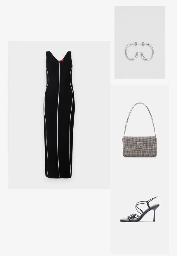 Schwarzes ärmelloses Kleid mit V-Ausschnitt, vertikale weiße Streifen und figurschmeichelnde Silhouette. Glattes Material mit subtiler Glanz.; Schwarze, hochhackige Sandalen mit dünnen Riemen und einem geknoteten Design, einer glatten, rechteckigen Zehenpartie und einem eleganten Stiletto-Absatz.; Hellegraue metallische Handtasche mit einer Kettenriemen, verziert mit kleinen kreisförmigen metallic Nieten und einem dreieckigen Markenlogo.; Silberne Creolen mit einer glatten, glänzenden Oberfläche. Abgerundete Form, leichtes Design, mit einer Steckverschluss.