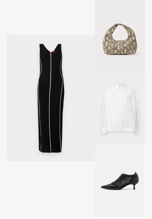Robe noire sans manches avec un décolleté en V, des rayures blanches verticales et une silhouette ajustée. Tissu lisse avec une légère brillance.; Chemise blanche à manches longues, en mélange de coton lisse. Présente un col classique, une fermeture à boutons sur le devant et des poignets arrondis.; Chaussure noire à bout pointu avec un design en panneau en maille, présentant un petit talon et un laçage à l'avant. Fabriquée à partir d'une combinaison de cuir et de matériau en maille.; Sac à main en motif serpent avec une poignée incurvée. Fabriqué à partir de matériaux texturés beiges et bruns, présentant un motif en diamant distinctif.