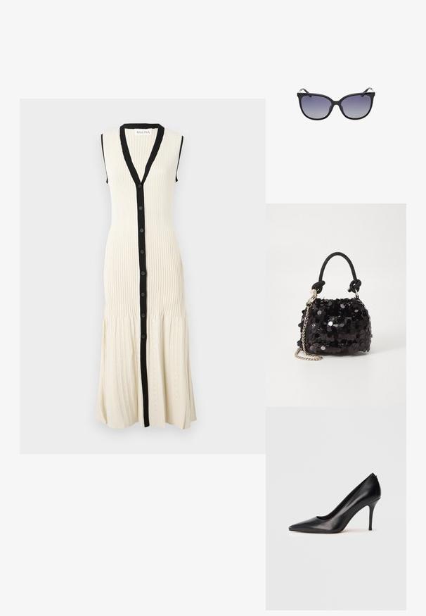 Abito in maglia color crema con una patta di bottoni nera e colletto. Design senza maniche con texture a costina e orlo svasato caratterizzato da motivi delicati.; Décolleté in pelle nera con tacco alto, punta appuntita, texture liscia e design elegante. Presenta un tacco sottile e rialzato e una parte frontale bassa.; Occhiali da sole neri a forma di occhio di gatto con lenti sfumate, dotati di una montatura in plastica liscia e sottili dettagli metallici sulle tempie.; Mini borsa a tracolla nera in paillettes con una tracolla texturizzata annodata e catena argentata. Forma rotonda con parte superiore arricciata e dettagli riflettenti.