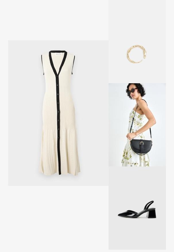 Abito in maglia color crema con una patta di bottoni nera e colletto. Design senza maniche con texture a costina e orlo svasato caratterizzato da motivi delicati.; Décolleté in vernice nera con punta affusolata e tacco in geometria cubica. Presentano un design elegante e minimalista, con una texture liscia.; Borsa a tracolla nera in pelle con una forma curva, manico rimovibile e accessori dorati. La borsa presenta una patta con un dettaglio a fibbia.; Anello in tono oro con un design organico e Twisted, caratterizzato da una superficie liscia e punte affusolate, che crea un aspetto moderno e scultoreo.