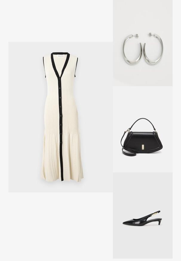 Krémszínű kötött ruha fekete gombos pánttal és gallérral. Ujjatlan dizájn, bordázott textúrával és enyhén bővülő szoknyával, amely finom mintákkal díszített.; Fekete bőr slingback magassarkúk, hegyes orral, vékony sarkakkal és arany színű részlettel a állítható pánton. Simа felület.; Fekete bőr kézitáska, strukturált dizájnnal, rövidített formával, felső fogantyúval és arany színű kiegészítőkkel. Állítható vállpánt is tartozik hozzá.; Ezüst karika fülbevalók sima, ívelt formával. Fényes fémes felülettel és tűs zárral rendelkeznek. Nincsenek látható minták vagy kiegészítők.