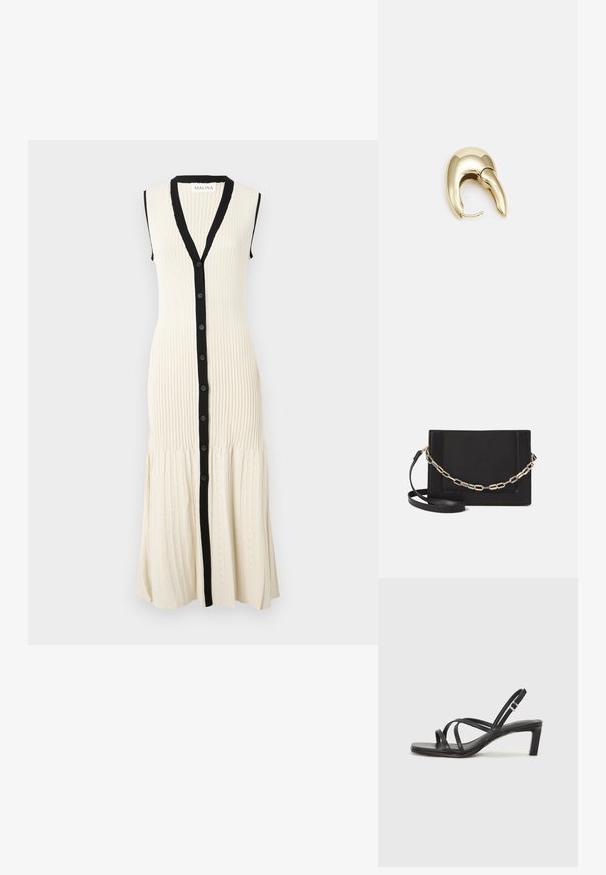 Kreemivärvi kudumkleit musta nööbirea ja kraega. Äratuseta disain, soonikkoe ja flared alläär, kus on peened mustrid.; Mustast rihmajalatsid ruudukujulise varba ja madala ploki kontsaga. Omab mitmeid õhukesi rihmasid ja reguleeritavat pahkluu rihma. Valmistatud siledast nahast.; Mustast nahast õlakott, mis omab siledat tekstuuri, ristküliku kuju ning esiküljel metallketi detaili. Reguleeritav rihm on kaasas.; Kuldtooni metallist kõrvarõngas, millel on elegantne ja kaarjas disain. Omab silmapaistvat teravat kuju, poleeritud pinda ja hingesulgemist.