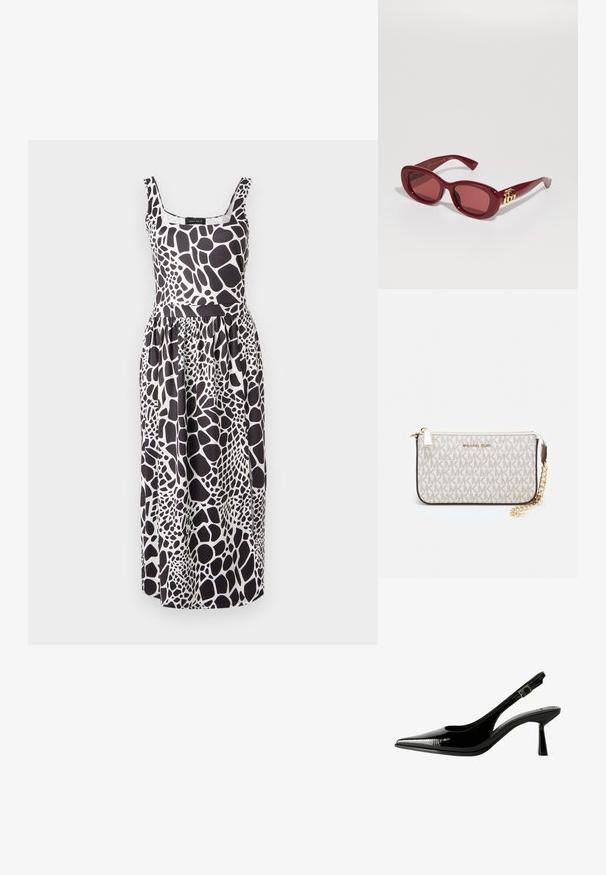 Čiernobiele bezrukávové šaty s potlačou žirafy, so priliehavým živôtikom a voľnou sukňou, vyrobené z ľahkej tkaniny.; Čierne lakované kožené slingback lodičky s špicatou špičkou, vyrezávanými bokmi, nastaviteľným remienkom okolo členka a tenkým, elegantným podpätkom.; Červené plastové slnečné okuliare s obdĺžnikovým rámom, tónovanými sklami a zlatým logom na stranách. Hladký, lesklý povrch.; Michael Kors zápästná taška v béžovej potiahnutej plátenej tkanine s opakujúcim sa vzorom loga MK, zlatým kovania a odnímateľným reťazovým popruhom.