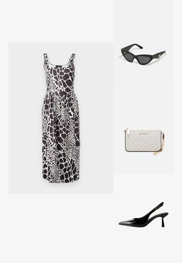 Czarno-biała sukienka bez rękawów z printem żyrafy, z dopasowaną górą i zwiewnym dołem, uszyta z lekkiego materiału.; Czarne lakierowane pantofle na obcasie typu slingback z ostrym noskiem, wyciętymi bokami, regulowanym paskiem na kostce i cienkim, smukłym obcasem.; Okulary przeciwsłoneczne w kształcie kocich oczu z matową czarną oprawką z plastiku, ciemnymi soczewkami oraz złotym akcentem z logo na zausznicy. Kanciasty kształt i gładka tekstura.; Portfel na nadgarstek marki Michael Kors w beżowej, pokrytej płótnem, z powtarzającym się wzorem logo MK, złotym okuciem i odpinanym łańcuszkowym paskiem.