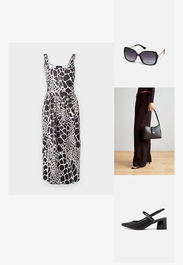 Svart-hvit ermeløs kjole med giraffmønster, med en figursydd overdel og en flytende skjørt, laget av lett stoff.; Sorte lakk lær slingback hæler med spiss tå, et avrundet utskjæringsdesign og blokkheel. Har en gulltone spenne som detalj.; Sorte oversized solbriller med gradient linser, tykke rammer og detaljering med gulltonekjede på tempelarmene.; Svart håndveske med strukturert form, jevn tekstur og metallisk lås. Kombinert med brede svarte bukser og sandaler med åpen tå på tregulv.