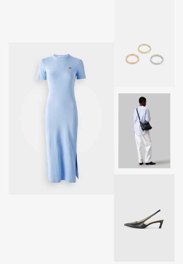 Világoskék, rövid ujjú, bordázott midi ruha kerek nyakkal és kicsi zöld logóval a bal mellen, oldalsíkkal a szegélyén.; Fekete, hegyes orrú, slingback cipő alacsony sarkával, sima bőrből készült, oldalt kivágott deisgnal a légáteresztőképesség érdekében.; Fekete bőr válltáska puha tapintással, háromszög alakú, állítható pánttal, világoskék csíkos inggel és fehér nadrággal párosítva.; Három fémgyűrű: az egyik rose gold, a másik texturált akcentusokkal ellátott arany, a harmadik pedig ezüst, mindegyiken gravírozott márkajelzés található a belső sávon.