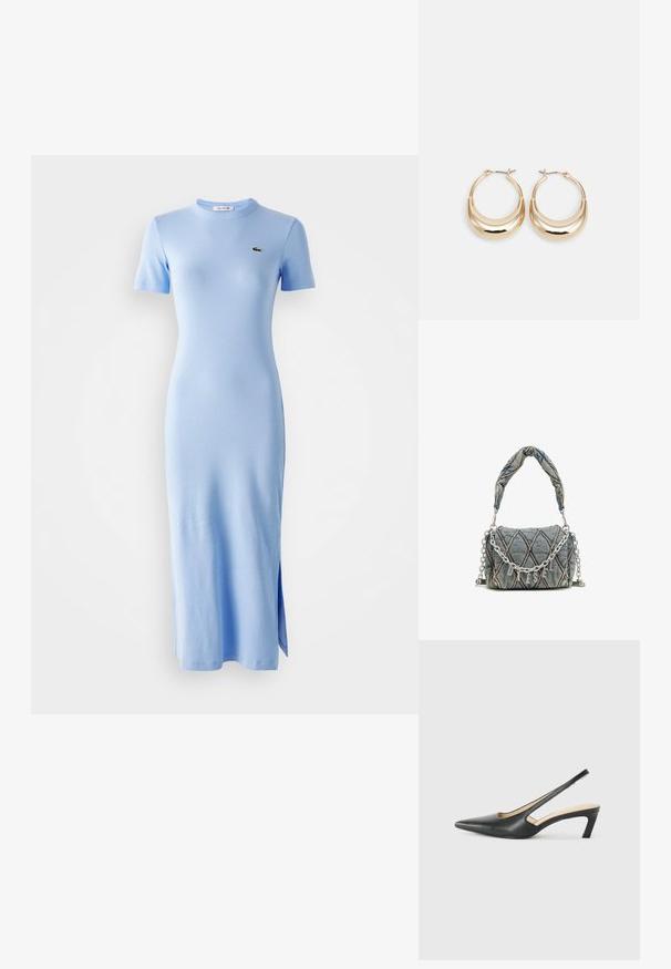 Svetlo modra, kratkosleča, rebrasta midi obleka z okroglim izrezom in majhnim zelenim logotipom na levem prsnem delu, z bočnim razporkom na robu.; Črne čevlje s koničastimi nosovi in slingback obliko z nizko peto, izdelane iz gladke usnjene materiale ter s črtasto zasnovo na strani za prezračevanje.; Denim torba z rokavicami, modre barve, kratka pletena ročica in srebrna verižica z značilnostjo metalnih črk blagovne znamke.; Zlato obarvani uhani v obliki obroča s polmesecem, polirna površina in zaklepanje s tečajem. Gladka tekstura in odsevna površina povečujeta vidnost.