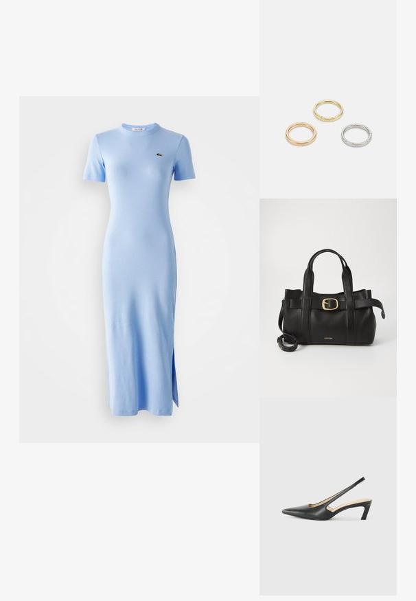 Ljusblå, kortärmad, ribbad midiklänning med rund hals och en liten grön logotyp på vänster bröst, med en slits vid fållen.; Svart spetsig slingback-sko med låg klack, som har ett slätt lädermaterial och utskärningsdesign på sidan för andningsförmåga.; Svart läderhandväska med en strukturerad design, dubbla topphandtag, detaljer i guldton med spänne och präglad logotyp framtill.; Tre metallringar: en roséguld, en guld med texturerade detaljer och en silver, alla med ingraverad märkning på den inre ringen.