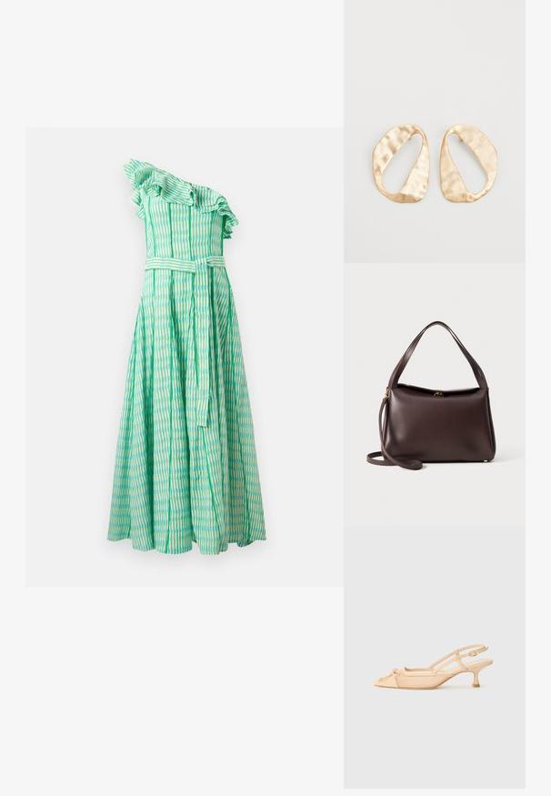 Egy vállra húzható zöld ruha hullámos fodrokkal, különböző zöld és kék árnyalatokban vertikális csíkokkal, valamint egy hozzá illő övvel a deréknál.; Stuart Weitzman KITTY - Klasszikus sarkú cipők - beige/barely beige; Barna bőr kézitáska, amelynek strukturált formája van, egyetlen felső fogantyúval és levehető vállpánttal. Aranyszínű fém részletezés.; Egy pár szabálytalan, ovális formájú, aranyszínű fém fülbevaló, enyhén kalapált felülettel, fehér háttéren.