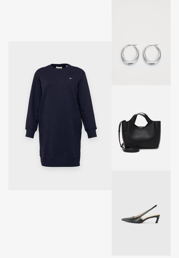 Vestido de moleton azul-marinho em suave mistura de algodão. Apresenta mangas longas, punhos canelados e um decote redondo. Pequeno detalhe do logotipo no peito.; Sandal com bico fino e calcanhar baixo, em couro liso, com um design recortado na lateral para respirabilidade.; Bolsa de mão em couro preto com acabamento texturizado, forma angular, alças duplas e uma alça de ombro ajustável. Apresenta um detalhe com o logótipo DKNY.; Um par de brincos em forma de lua crescente, prateados e polidos, com fechos articulados sobre um fundo branco.