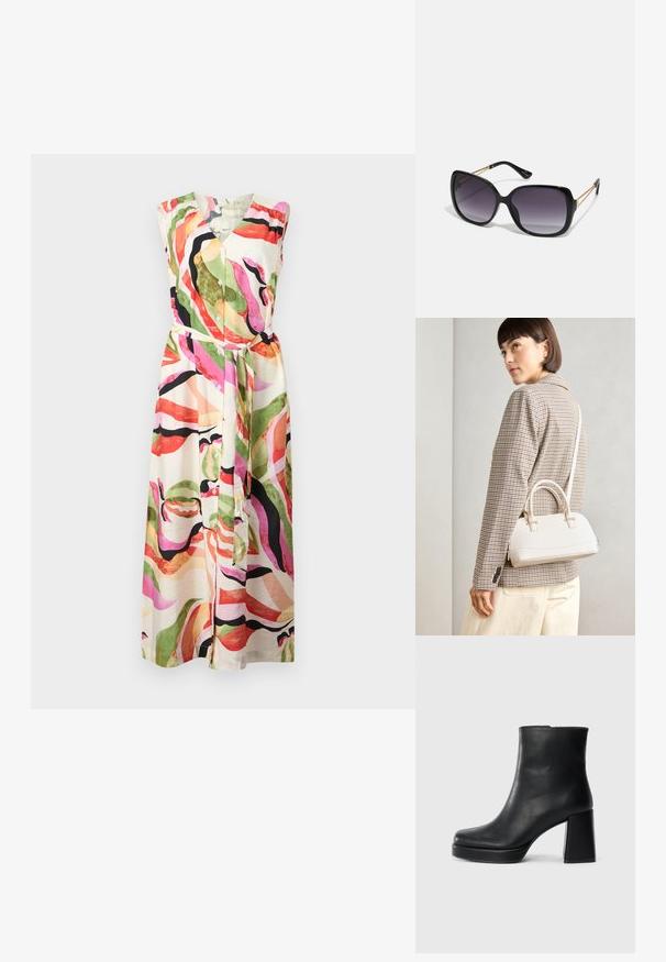 Többszínű, ujjatlan ruha V-nyakú, gombos elejének és övvel ellátott derék részének jellemzőivel; absztrakt minták zöld, rózsaszín és fekete színben, krém háttéren.; Fekete bőr bokacsizma tömbsarkal és platform talppal, oldalról nézve, sima fehér háttéren.; Fekete, oversize napszemüveg fokozatos árnyalatú lencsékkel, vastag kerettel és arany színű lánc díszítéssel a szárakon.; Fehér, strukturált kézitáska rövid füllel és vállpánttal, arany színű fém kiegészítőkkel és texturált anyagból, szürke háttér előtt bemutatva.