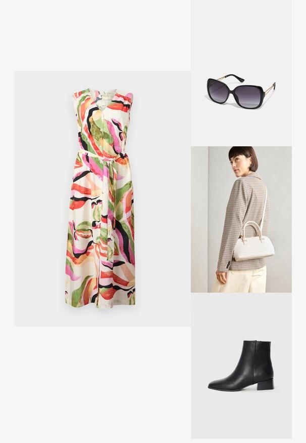 Daugiaspalvė, be rankovių suknelė su V formos iškirpte, mygtukais užsegama priekyje ir dirželiu juosmenyje; abstraktūs raštai žalia, rožinė ir juoda spalvomis ant kreminio fono.; Juodas odinis kulkšninis botis su smailiu pirštu ir žemu blokiniu kulnu, pasižymintis glotnia tekstūra ir minimalistiniu dizainu.; Juodos didelės saulės akinių su pereinamais objektyvais, storomis rėmeliais ir auksinės spalvos grandinėmis ant šventyklų.; Balta struktūruota rankinė su trumpomis rankenomis ir peties diržu, su auksinėmis detalėmis ir tekstūruota medžiaga, pastatyta prieš pilką foną.