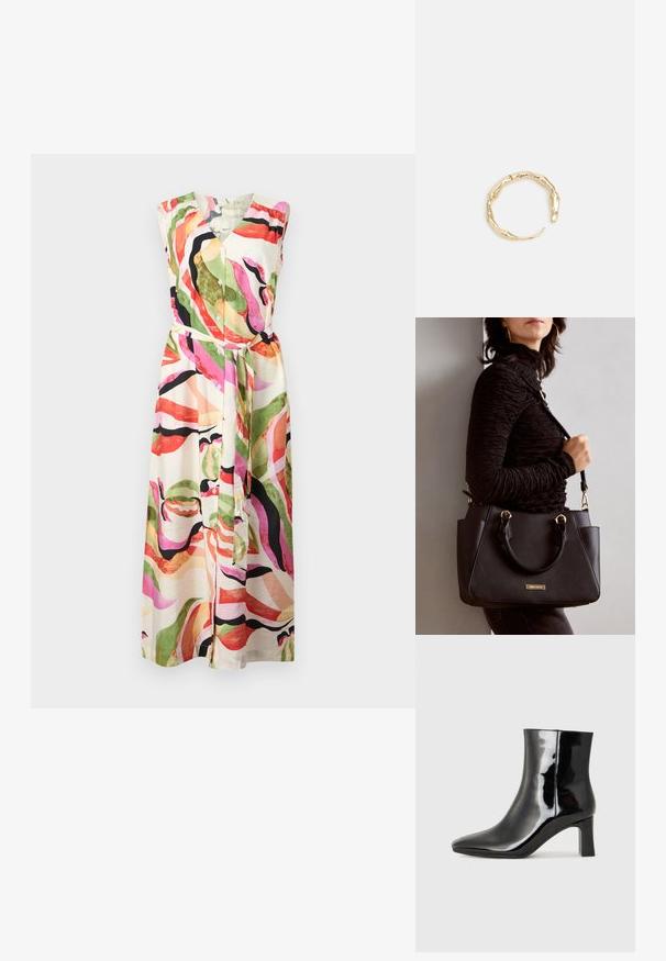 Multifarvet, ærmeløs kjole med V-hals, gennemknapning og bælte i taljen; abstrakte mønstre i grøn, pink og sort på en cremefarvet baggrund.; Sort lakeret ankelstøvle med spids tå og en midt-højde blokhæl. Glat tekstur og minimalistisk design.; Sort håndtaske med struktureret overflade, dobbelt topbærere og justerbar skulderrem. Udstyret med guldfarvet metalhardware og sidelommer.; Guld-tone ring med et organisk, snoet design, glat overflade og affasede ender, hvilket skaber et moderne, skulpturelt udseende.