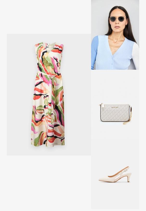 Mehrfarbiges, ärmelloses Kleid mit V-Ausschnitt, durchgehender Knopfleiste und Taillengürtel; abstrakte Muster in Grün, Pink und Schwarz auf cremefarbenem Hintergrund.; Weiße Slingback-Absätze mit spitzer Zehenpartie, glattem Obermaterial, niedrigem Blockabsatz und seitlichem Ausschnitt-Design mit verstellbarem Schnallenriemen.; Runde Sonnenbrillen mit dunklen Gläsern und goldenen Rahmen. Das Modell trägt eine hellblaue, gerippte Strickjacke mit Knöpfen und weißen Kontrastärmeln.; Michael Kors Clutch in beige beschichtetem Canvas mit einem wiederholten MK-Logo-Muster, goldfarbener hardware und einem abnehmbaren Kettenriemen.