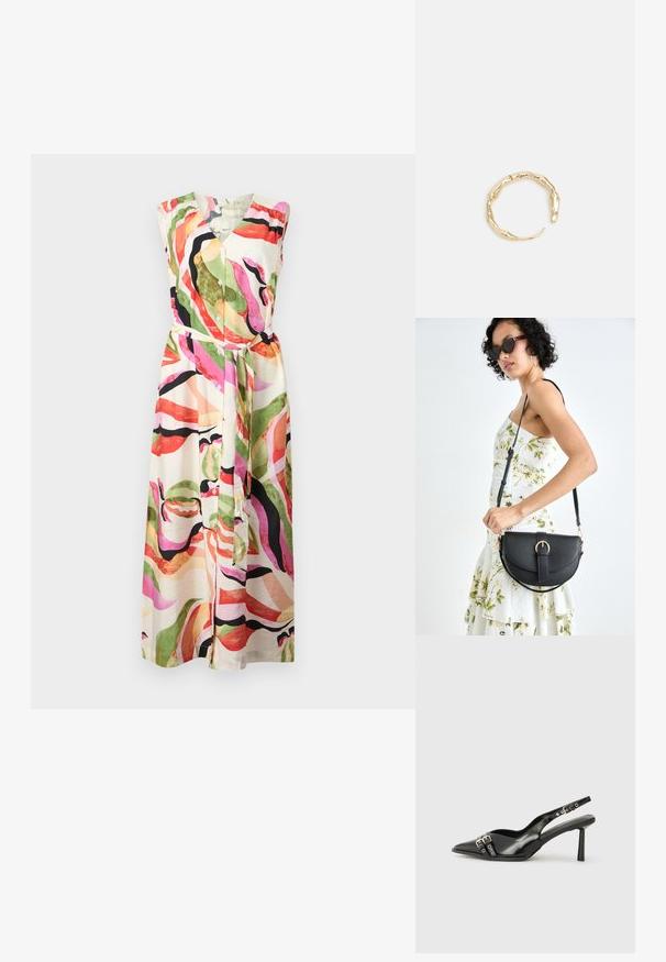 Monivärinen, hihaton mekko, jossa on V-kaulus, nappilistalla ja vyötäröllä vyö; abstrakteja kuvioita vihreällä, vaaleanpunaisella ja mustalla vaniljan värisellä taustalla.; Musta patenttinen nahkainen slingback-kengät, joissa on terävä nenä, nilkkahihnat hopeisilla soljilla ja varusteilla sekä hoikka korko.; Musta nahkainen käsilaukku, joka on kaareva muotoilultaan, irrotettavalla hihnalla ja kultaisilla yksityiskohdilla. Laukussa on läppä, jossa on solk yksityiskohta.; Kultaketju, jossa on orgaaninen, kierretty muotoilu, sileä pinta ja cappatut päät, luoden modernin, veistoksellisen ilmeen.