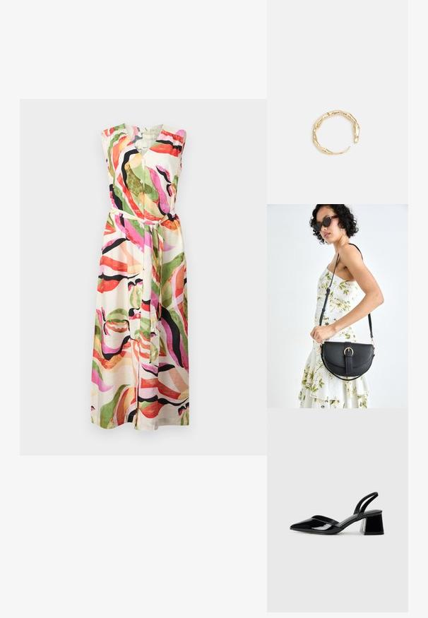 Daugiaspalvė, be rankovių suknelė su V formos iškirpte, mygtukais užsegama priekyje ir dirželiu juosmenyje; abstraktūs raštai žalia, rožinė ir juoda spalvomis ant kreminio fono.; Juodos lakuotos odinės šlepetės su smailiu pirštu ir geometriniu bloko kulnu. Turi elegantišką, minimalistinį dizainą ir lygų paviršių.; Juodas odinis krepšys su išlenkta forma, nuimamu dirželiu ir auksiniais detalėmis. Krepšys turi kilpą su sagtimi.; Auksinės spalvos žiedas, turintis organišką, sukimosi dizainą su lygiu paviršiumi ir siaurėjančiais galais, sukuriantis modernią skulptūrinę išvaizdą.