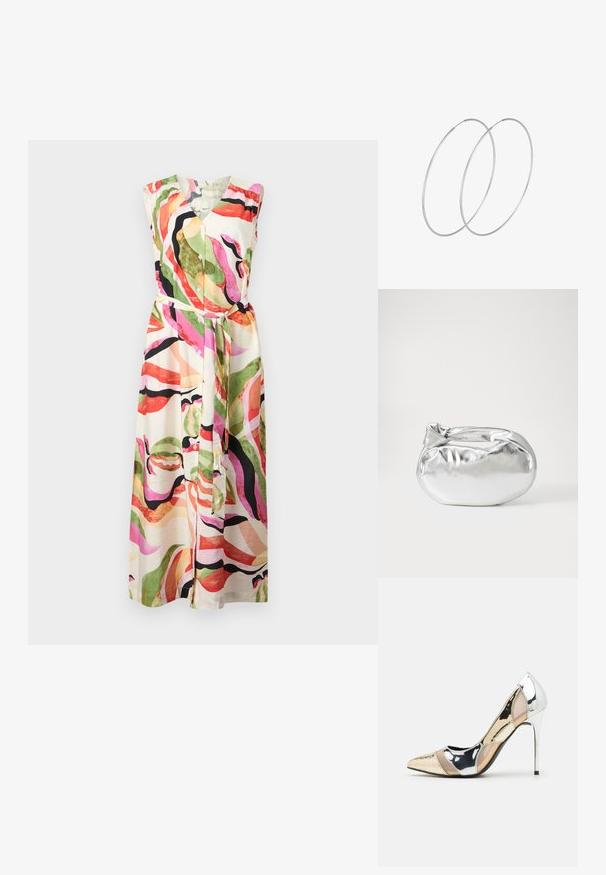 Wielokolorowa sukienka bez rękawów z dekoltem w serek, zapinana na guziki, z paskiem w talii; abstrakcyjne wzory w zielonym, różowym i czarnym na kremowym tle.; Czółenka na wysokim obcasie z wąskim noskiem w kolorze srebrnym, złotym i nude. Lśniące wykończenie z wycięciami, z obcasem w stylu stiletto.; Srebrna metaliczna torba worek o miękkim, zaokrąglonym kształcie i zawiązywanym z góry zapięciem. Wykonana z gładkiego materiału imitującego skórę.; Srebrne kolczyki w formie obręczy o minimalistycznym designie. Okrągły kształt, gładka faktura i cienki profil. Lekkie, z polerowanym wykończeniem.
