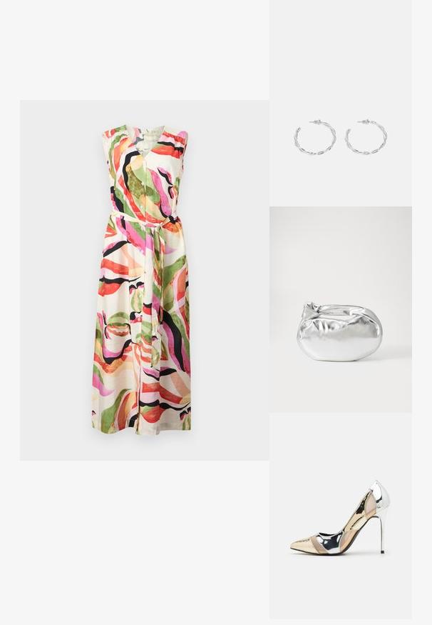 Višebojna haljina bez rukava s V-izrezom, prednjim dugmadi i pojasom; apstraktni uzorci u zelenoj, ružičastoj i crnoj boji na krem pozadini.; Cipele s visokom potpeticom i špicastim vrhom u srebrnoj, zlatnoj i nude boji. Sjajan finiš s izrezbarenim dizajnom, s potpeticom u obliku stiletto.; Srebrna metalik torbica s mekim, zaobljenim oblikom i čvorastim zatvaranjem na vrhu. Izrađena od glatke sintetičke kože.; Srebrne naušnice s obručima i uvijenim dizajnom, s poliranim završetkom i pričvršćivanjem na stražnjoj strani. Mjere otprilike 3 cm u promjeru.