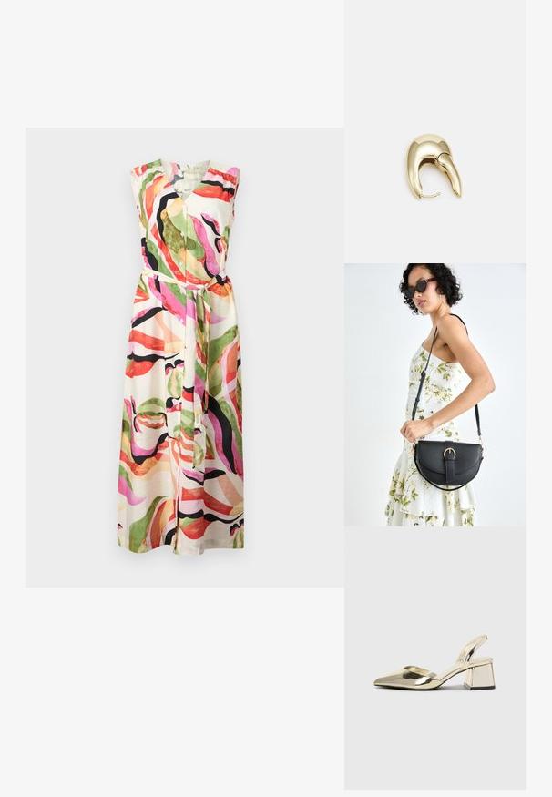 Mitmevärviline, ilma varrukateta kleit, millel on V-kaelus, nööpidega ees ja vöökoht; abstraktsed mustrid rohelises, roosas ja mustas kreemjal taustal.; Kuldne, metallilised slingback-kudumid terava varba ja paksu kontsaga. Sile tekstuur, minimalistlik disain ja kitsas rihm.; Mustmust mustraha kõverate joontega, eemaldatava rihmaga ja kuldsete detailidega. Kotil on klapp, millel on pandladetail.; Kuldtooni metallist kõrvarõngas, millel on elegantne ja kaarjas disain. Omab silmapaistvat teravat kuju, poleeritud pinda ja hingesulgemist.