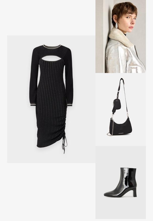 Crna pletena haljina dugih rukava, s izrezom na grudima i metalnim vertikalnim prugama. Naborani detalj s vezicom na rubu.; Crne lakirane kožne gležnjače s šiljastim prstom i srednje visokom blok petom. Glatka tekstura i minimalistički dizajn.; Crna najlon torba za rame s zakrivljenim oblikom, srebrnim lančićem, odvojivom mini torbicom i podesivim remenom; sadrži logotip "Steve Madden".; Srebrna metalik kožna jakna s ovčjim krznom, koja ima zatvaranje na patentni zatvarač i teksturiranu površinu. Velike naušnice u obliku suze s prozirnim draguljima.