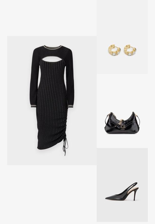 Svart stickad klänning med lång ärm, med en utskärning vid bröstet och metalliska vertikala ränder. Rynkdetalj med dragsko vid fållen.; Svart läder högklackad slingback-sko med spetsig tå, slät yta och ett delikat band med en metallspänne.; Svart lackläderväska med en kurvad design, guldhardware detaljer och en framträdande logotyp. Inkluderar ett avtagbart axelrem.; Guld hoops med en texturerad design och tre klara kristallaccentuer på ena sidan, vilket ger en modern geometrisk estetik.