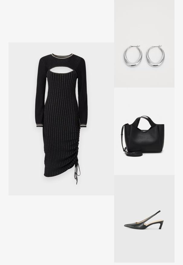 Abito nero a maglia con maniche lunghe, caratterizzato da un taglio sul petto e strisce verticali metalliche. Dettaglio arricciato con cordoncino all'orlo.; Scarpa slingback nera con punta affilata e tacco basso, realizzata in pelle liscia e con un design a taglio laterale per favorire la traspirabilità.; Borsa a tracolla in pelle nera con finitura testurizzata, forma angolare, doppi manici e tracolla regolabile. Presenta un accento con il logo DKNY.; Un paio di orecchini a cerchio a mezzaluna in argento lucido con chiusure a cerniera su uno sfondo bianco.