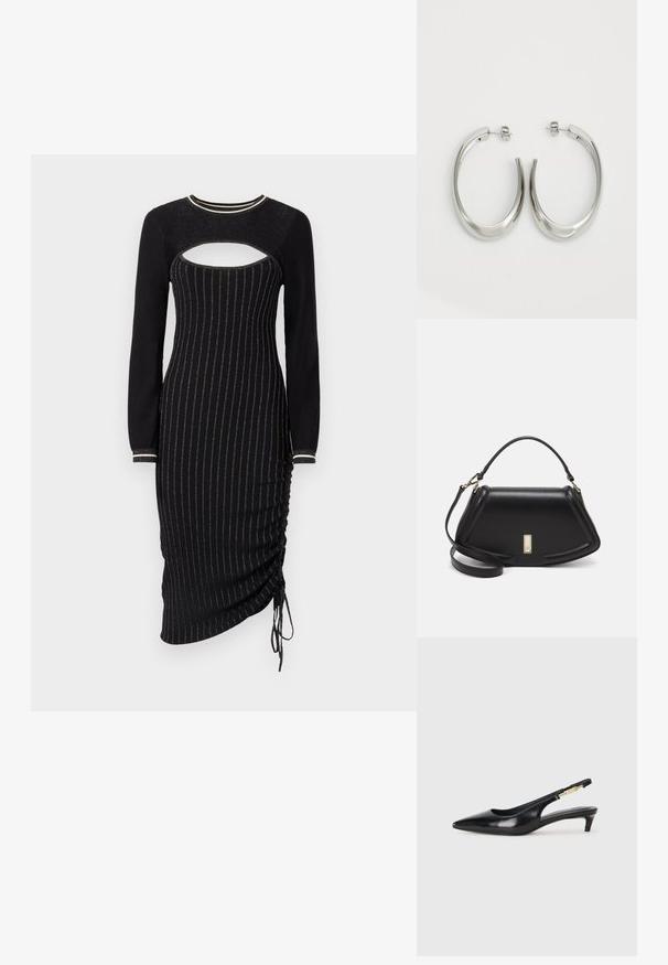 Abito nero a maglia con maniche lunghe, caratterizzato da un taglio sul petto e strisce verticali metalliche. Dettaglio arricciato con cordoncino all'orlo.; Tacchi slingback in pelle nera con punta affusolata, caratterizzati da un tacco alto e un accento dorato sulla cinghia regolabile. Texture liscia.; Borsa a mano in pelle nera con un design strutturato, caratterizzata da una forma corta, manico superiore e accessori in metallo dorato. Inclusa tracolla regolabile.; Orecchini a cerchio argentati con un design liscio e curvo. Presentano una finitura metallica lucida e una chiusura a perno. Nessun motivo o accentuazione visibile.