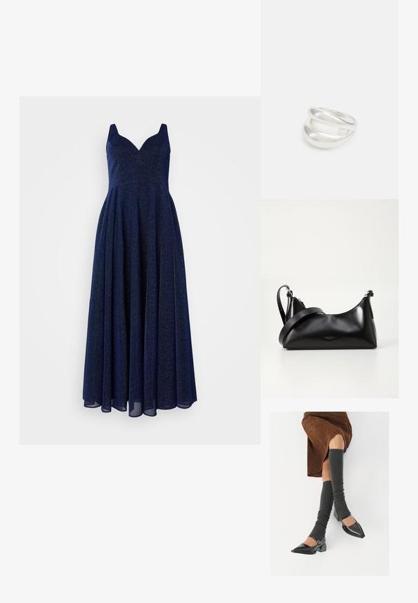 Marinblå A-linje klänning med djup V-ringning, ärmlös design och flödande kjol. Tillverkad av ett texturerat, skimrande tyg.; Svarta lackläderskor med spetsig tå, blockklack och ankelrem, i kombination med grå ribbade benvärmare och en brun mockakjol.; Svart läderhandväska med en slät yta. Har en justerbar axelrem och en elegant, minimalistisk design med dragkedja.; Silver ring med dubbel band och en slät, polerad yta. Har en flödande, böjd design med överlappande sektioner för en modern stil.