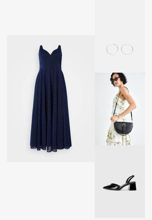 Granatowa sukienka A-line z głębokim dekoltem w kształcie litery V, bez rękawów i zwiewnym dołem. Wykonana z teksturowanej, lśniącej tkaniny.; Czarne lakierowane półbuty na obcasie z wydłużonym noskiem i geometrycznym słupkiem. Charakteryzują się eleganckim, minimalistycznym designem oraz gładką fakturą.; Czarna skórzana torebka o zakrzywionym kształcie, z odpinanym paskiem i złotymi akcentami. Torebka posiada klapę z zapięciem w kształcie klamry.; Srebrne kolczyki w kształcie obręczy o gładkim, okrągłym designie, charakteryzujące się gładką powierzchnią i brakiem widocznych ozdób. Średnica nieokreślona.