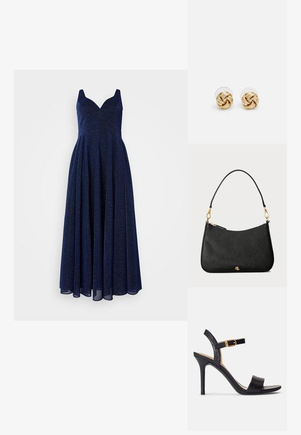 Navy blue A-line dress with a deep V-neckline, sleeveless design, and flowing skirt. Made from a textured, shimmering fabric.; Black high-heeled sandals featuring a smooth leather upper, open toe, and a single strap design with a gold buckle accent.; Black leather handbag with a structured design, featuring a zip closure, a detachable strap, and gold hardware accents.; Gold-tone knot stud earrings with a twisted design. Each earring features a circular clear backing for secure wear.