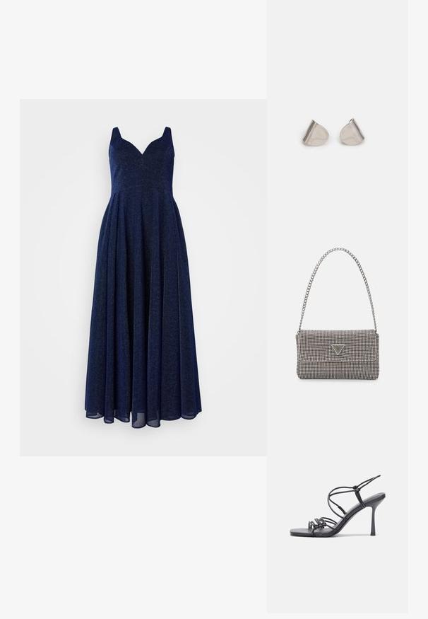 Vestuário azul marinho em formato A com decote em V profundo, design sem mangas e saia fluida. Feito de um tecido texturizado e cintilante.; As sandálias de salto alto pretas apresentam tiras finas com um design em nó, uma biqueira quadrada lisa e um elegante salto agulha.; Bolsa metálica cinza claro com uma alça de corrente, adornada com pequenos rebites metálicos circulares e um logótipo triangular da marca.; Brincos de metal prateado com uma forma suave de gota e um acabamento polido. Gravações subtis adicionam detalhe. Design minimalista.