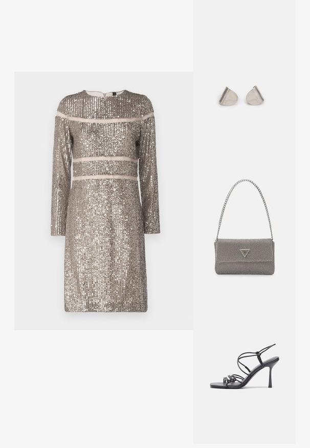 Marc Cain Kokteilinė suknelė / vakarėlių suknelė - shiny sand; Juodos aukštakulnės sandalai pasižymi plonyčiais dirželiais su mazgo dizainu, lygiu kvadratiniu pirštu ir elegantišku stiletto kulnu.; Šviesiai pilka metalinė rankinė su grandinėlės dirželiu, papuošta mažais apvaliais metaliniais smeigėmis ir trikampiu prekės ženklu.; Sidabriniai metaliniai auskarai su lygiu, ašaros formos dizainu ir blizgiu paviršiumi. Subtilūs raižiniai prideda detalumo. Minimalistinis dizainas.