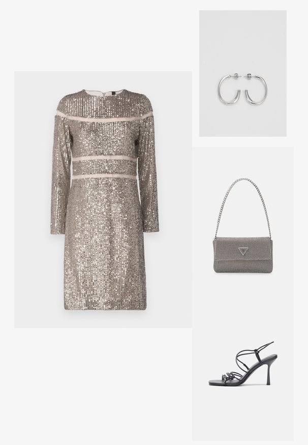 Marc Cain - Sukienka koktajlowa; Czarne sandały na wysokim obcasie mają cienkie paski z węzłowym wzorem, gładki, kwadratowy czubek i smukły obcas w stylu szpilki.; Jasnoszara metaliczna torebka na łańcuszku, ozdobiona małymi okrągłymi metalowymi ćwiekami oraz trójkątnym logo marki.; Srebrne kolczyki na biglu o gładkim, błyszczącym wykończeniu. O zaokrąglonym kształcie, lekkim designie, z zamknięciem na zatrzask.