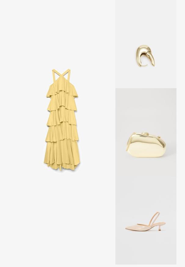 Keltainen kerrosmekko ohuilla olkaimilla, jossa on kerroksittain taiteltuja rypytyksiä ja pitkä, virtaava malli. Valmistettu kevyestä kankaasta.; Beige patenttanssisen nahasta valmistetut slingback-korkokengät, joissa on terävä kärki ja kapea, neliömäinen korko. Saumatonta pinta ja minimalistinen muotoilu ilman koristeita.; Metallinen kultainen clutch, jossa on sileä ja pyöreä muoto. Sen yläosassa on nappilukko ja pieni ketjuhihna kuljettamista varten.; Kultahipuinen korvakoru, jossa on sulavalinjainen, kaareva muotoilu. Ominaisuuksiin kuuluu erottuva terävä muoto, kiillotettu pinta ja sarana kiinnitys.