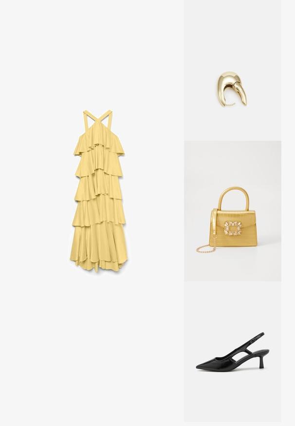 Gul lagdelt kjole med spaghetti stropper, der har lagdelte volanger og et langt, flydende design. Fremstillet af letvægtsstof.; Sorte slingback hæle med spidse tæer, lavet af blankt materiale, med udskæringsdetaljer og en moderat hæl for støtte.; Gul faux-krokodille skuldertaske med struktureret design, top-håndtag, aftagelig kædetraske og dekorativ krystaldekoration på låsen.; Guldtonet metal ørering med et slankt, buet design. Har en karakteristisk spids form, poleret overflade og hængselåbning.