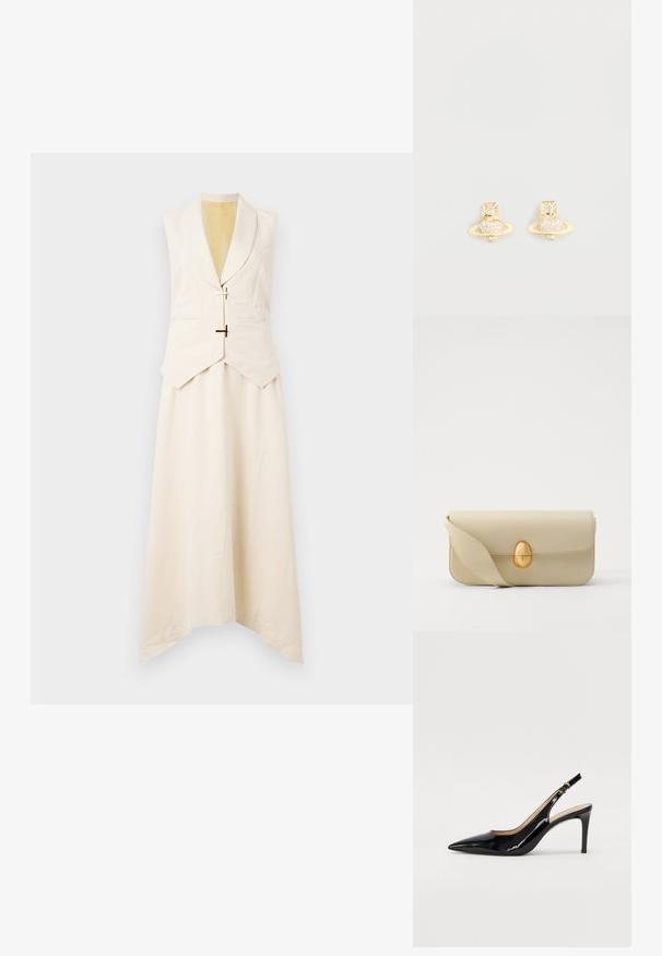 Stine Goya MATTE SHEER TAILORED HANDKERCHIEF DRESS - Denní šaty - ivory/cornsilk; Černé lakované slingback lodičky s špičatou špičkou, úzkým podpatkem a jemným výřezem. Obsahují zlatou sponu na řemínku.; Krémová kožená kabelka s hladkým povrchem, obdélníkovým tvarem a zlatým oválným uzávěrem. Disponuje dlouhým, nastavitelným popruhem.; Náušnice s pozlacenými cvoky ve tvaru Saturnu, s texturovaným páskem a vsazenými kulatými krystaly pro zvýraznění třpytu.