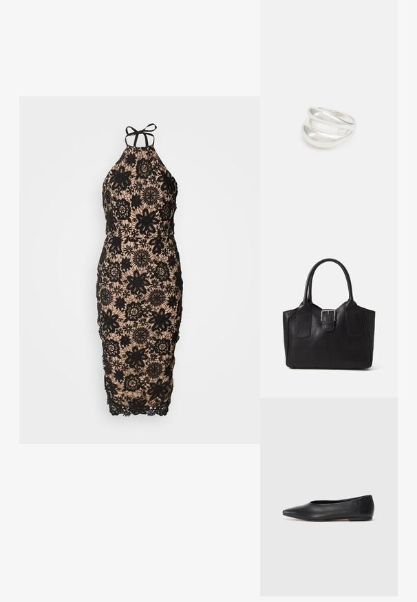 Musta pitsinen halterneck-mekko, jossa on kukkakuosi nude-vuorin päällä, vartalonmyötäinen leikkaus, monimutkainen muotoilu ja sidottava takakappale.; Musta nahkainen ballerinatyyppinen kenkä, terävä kärki, minimalinen muotoilu, sileä pinta, matala korko, ei näkyvää metalliosaa tai koristeita.; Musta nahkainen olkalaukku, jossa on sileä pinta, ryhdikäs muoto, kaksi kahvaa ja silmienpistävä hopeinen solkiyksityiskohta edessä.; Hopeinen kaksinkertainen rengas, jossa on sileä, kiillotettu pinta. Siinä on sulava, kaareva muotoilu, jossa on päällekkäisiä osia modernin ilmeen saavuttamiseksi.