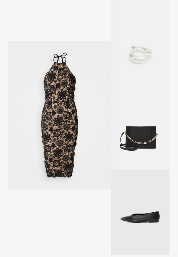 Crna čipkasta halter haljina s cvjetnim uzorkom preko kože, uski silueta, složen dizajn i vezanje na leđima.; Crne kožne balerinke, uski vrh, minimalistički dizajn, glatka tekstura, niska peta, bez vidljivih dodataka ili ukrasa.; Crna kožna torba preko tijela s glatkom teksturom, pravokutnim oblikom i metalnim lancem na prednjoj strani. Uključena je podesiva naramenica.; Srebrna dvostruka prsten s glatkom, poliranom površinom. Karakterizira ga fluidan, zakrivljen dizajn s preklapajućim sekcijama za moderan izgled.