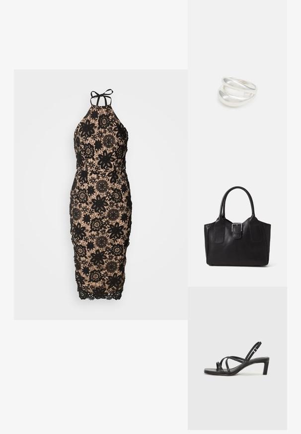 Melnas mežģīnes halter kleita ar ziedu rakstu virs iedeguma tonī, pieguļoša silhouette, sarežģīts dizains un sasienams aizmugurē.; Melnas strappy sandales ar kvadrātveida purngaliem un zemu bloku papēdi. Ievērojamas ar vairākiem plāniem siksniņām un regulējamu potītes siksniņu. Izgatavotas no gludas ādas.; Melnas ādas somiņa ar gludu tekstūru, strukturētu formu, divām rokturām un izteiktu sudraba sprādzi priekšpusē.; Sudraba divu joslu gredzens ar gludu, pulētu virsmu. Iezīmējas ar plūstošu, izliekta dizaina struktūru ar pārklājošām sekcijām modernam izskatam.