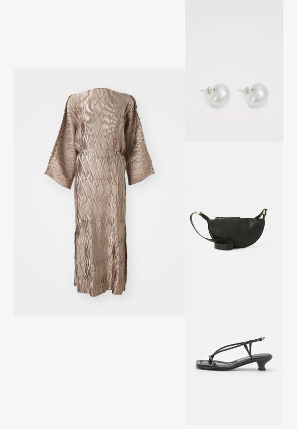 Beige, langärmliges, strukturiertes Midikleid mit weiteren Ärmeln und einem dünnen Gürtel, der an der Taille gebunden ist, auf weißem Hintergrund.; Schwarze Leder-Sandale mit dünnen Riemen, niedrigem Blockabsatz und quadratischer Spitze. Sie verfügt über einen Schnallenverschluss und eine glatte Textur.; Schwarze Leder-Umhängetasche in Halbmondform, mit strukturiertem Oberflächen, goldfarbenem Reißverschluss und flachem Trageriemen. Kompakte Ausführung, die für die wichtigsten Dinge geeignet ist.; Silberne Perlenohrringe in geschwungener Bohnenform. Glatte, glänzende Oberfläche und mit einem Stecker- und Rückverschluss gesichert.