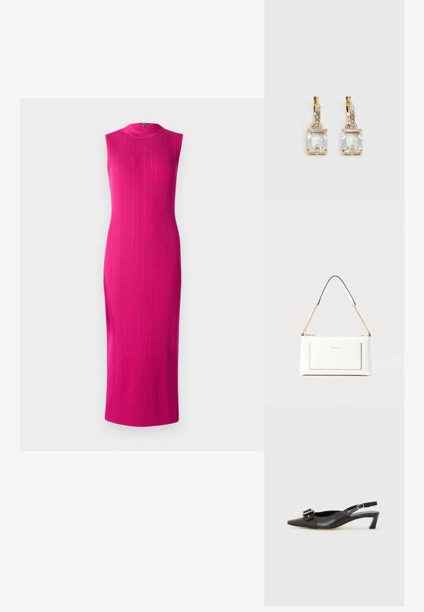 Tynd, ærmeløs kjole i skrigende pink ribbet stof. Høj halslinje med lynlås lukning bagpå. Midi længde. Glat tekstur.; Sorte læder slingback sko med spidse tæer, lille hæl og dekorativ spænde detalje på overdelen. Glat tekstur, minimalistisk design.; Hvid lædertaske med tekstureret overflade, med en guldkædetras og sorte detaljer. Indeholder en frontlomme og lynlås lukning.; Guldtonede øreringe med et rektangulært, klart krystal, der hænger under en række af små, runde klare accenter. Elegant, moderne design.