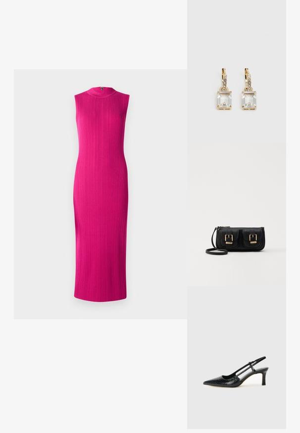 Strak, mouwloze jurk van felroze ribstof. Hoge halslijn met ritssluiting achter. Midi-lengte. Glad textuur.; Zwart patent slingback hak met een spitse neus, voorzien van een gestructureerde slangenprint, verstelbare band en een korte, gestructureerde blokhak.; Zwarte leren schoudertas met twee vo pockets, gouden gespen, ritsluiting en een smalle band. Tekstuur oppervlak en compacte rechthoekige vorm.; Gouden oorbellen met een rechthoekige, heldere kristal die onder een rij kleine, ronde heldere accenten hangt. Strak, modern ontwerp.