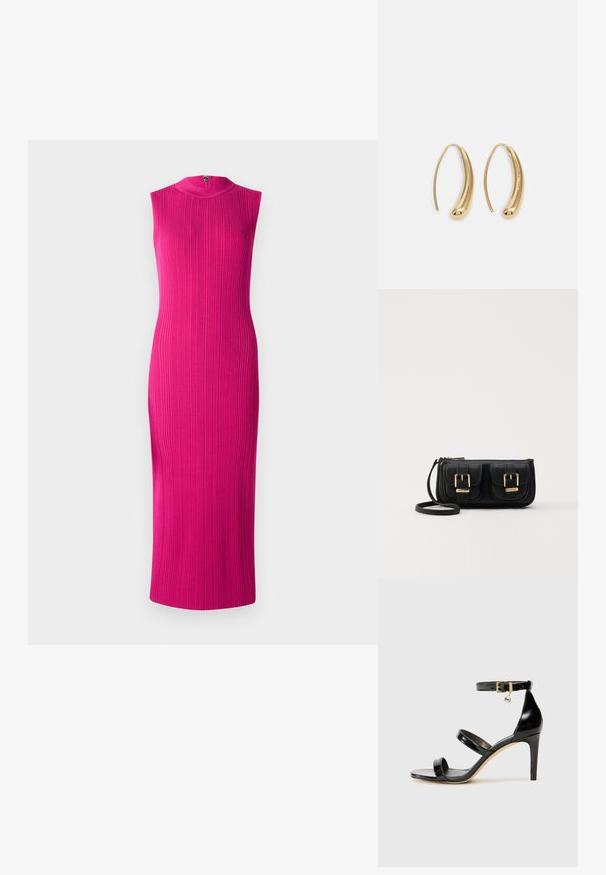 Abito aderente senza maniche in tessuto a coste di un vivace colore rosa. Collo alto con chiusura a zip sul retro. Lunghezza midi. Texture liscia.; Sandalo in pelle verniciata nera con tre cinturini, fibbia alla caviglia e tacco a stiletto di 10 cm. Presenta dettagli in hardware dorato e un charm con logo.; Borsa a tracolla nera in pelle con due tasche frontali, fibbie dorate, chiusura con zip e una tracolla sottile. Superficie texturizzata e forma rettangolare compatta.; Orecchini a cerchio in metallo color oro con forma curva ed allungata. Presentano una superficie liscia e lucida e una punta arrotondata per un tocco di dettaglio in più.