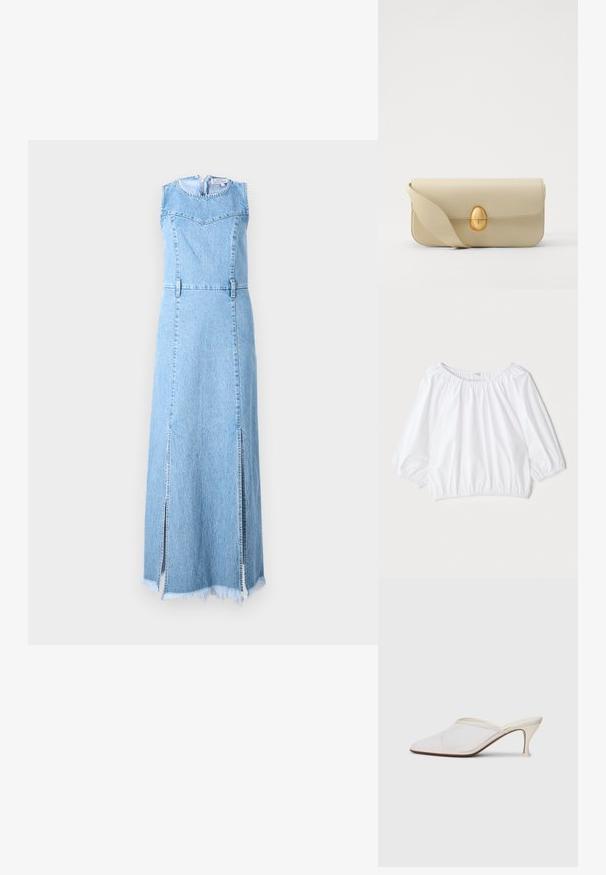 Denim maxi šaty v svetlom modrom odtieni, bez rukávov s okrúhlym výstrihom, obsahujúce dva bočné rozparky a roztrhnutý lem.; Biela, ľahká blúzka s okrúhlym výstrihom, zloženými tromi štvrtinami rukávmi a elastickým pásom, s hladkou, lesklou textúrou.; Biele sieťované lodičky s špicatou špičkou, s úzkym stredne vysokým podpätkom a bez zapínania, na jednobodovom pozadí.; Béžová kožená kabelka s hladkou textúrou, obdlžnikovým tvarom a zlatým oválnym zapínaním. Má dlhý, nastaviteľný popruh.